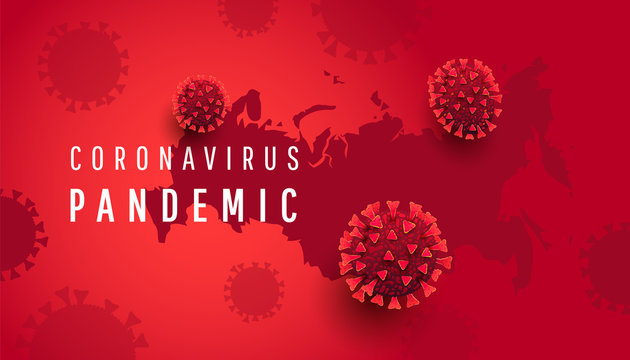 Deadly Coronavirus Covid 19 Cells And Russia Map On Red Horizontal Background. Vector Illustration