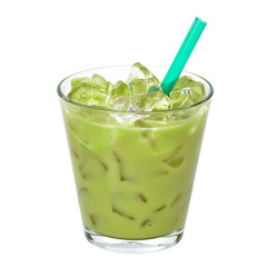 Iced matcha green tea latte in glass cup isolated on white background including clipping path