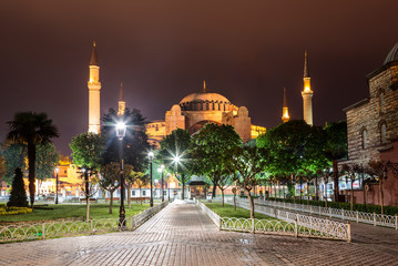 View of the Hagia Sophia at night in Istanbul, Turkey