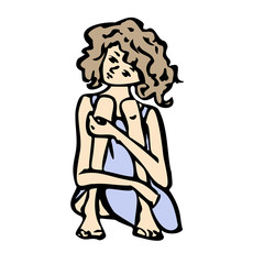 Curly girl in a short blue dress sits, clasping her knees. vector illustration. Hand drawn. Isolated on a white background.