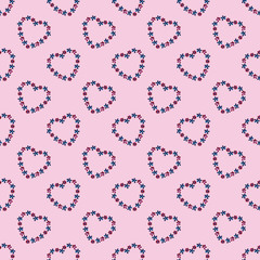 Floral hearts seamless pattern. Romantic summer background. Heats with watercolor flowers on a pink background. Perfect for wrapping paper, gifts, textile, decorating