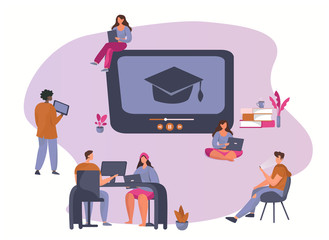 E-Learning with Flat People.Freelancers Working With Laptops.Online Courses or Learning Languages and Watching  Webinar.Huge Monitor with Graduation Cap.Flat Vector illustration.