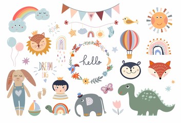 Fototapeta premium Kids elements collection, decorative childish items, floral wreath, baby toys, isolated on white
