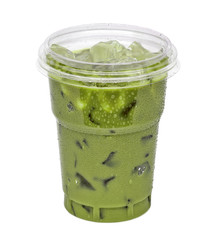Iced matcha green tea latte in glass or takeaway cup isolated on white background including clipping path