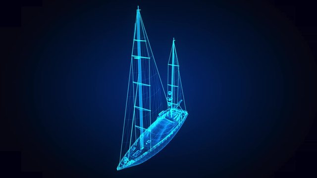 Ship, pleasure boat, speed boat, vessel. Glow points and line formation of boat. 4k animation. Ship frame with sail Virtual Model. Digital technology visualization of 3d.