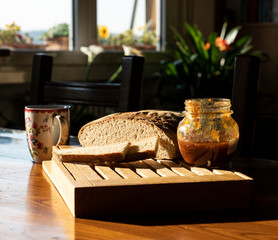 breakfast with bread homemade on the wooden table