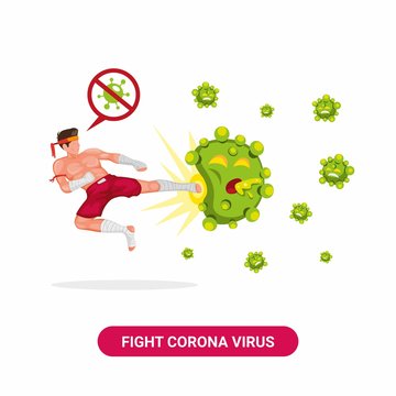 Muay Thai Fighter Flying Kick Evil Corona Virus. Spirit To Stop And Destroy Virus Bacteria With Traditional Martial Art From Thailand In Cartoon Flat Illustration Vector Isolated In White Background