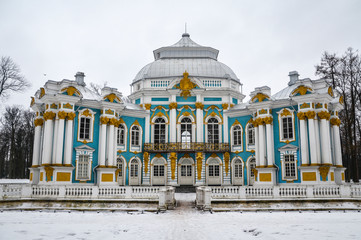 Winter view of Hermitage Pavilion in Catherine's park in Tsarskoe Selo near Saint Petersburg,...