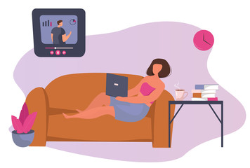 Girl Freelancer Working Online. Girl is Lying on The Couch at Home and Watching Online Courses With a Cup.Online Education Concept.Online Teacher on Computer Monitor. Vector Flat illustration