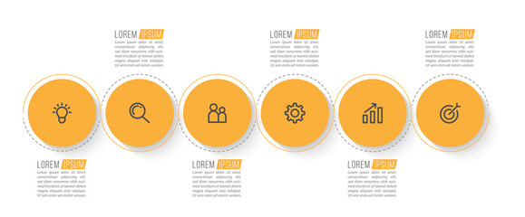 Minimal Business Infographics template. Timeline with 6 steps, options and marketing icons .Vector linear infographic with six conected elements. Can be use for presentation.