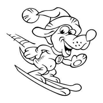 Dog with Santa's cap skiing and waving for greeting, Christmas and winter sports, black and white cartoon