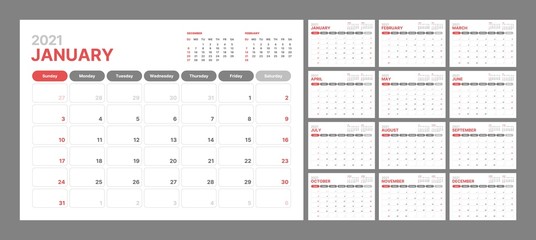Wall calendar template for 2021 year. Planner diary in a minimalist style. Week Starts on Sunday. Monthly calendar.
