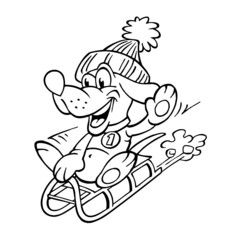 Dog with winter hat with pompom rides on a sled and waving for greeting, animals and winter sports, black and white cartoon