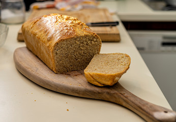 Whole-grain bread baked in the kitchen.