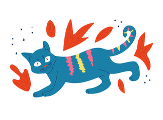 Cat vector illustration. Cartoon style. Bright unexpected colors. Flat design. Isolated on a white background