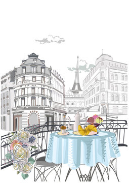 Series of backgrounds decorated with flowers, old town views and street cafes.    Hand drawn vector architectural background with historic buildings. 