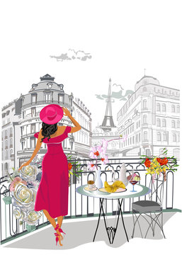 Set of Paris illustrations with fashion girls, cafes and musicians. Vector illustration.