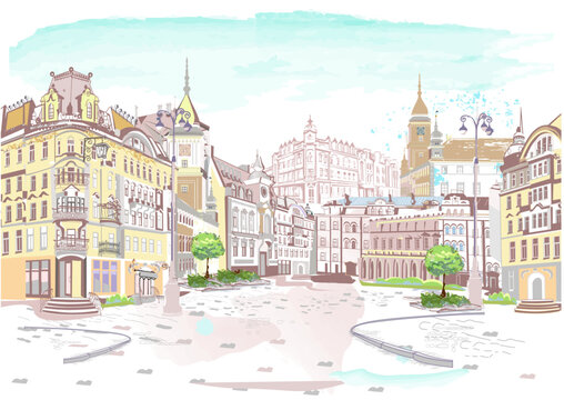 Series of street views in the old city. Hand drawn vector architectural background with historic buildings.
