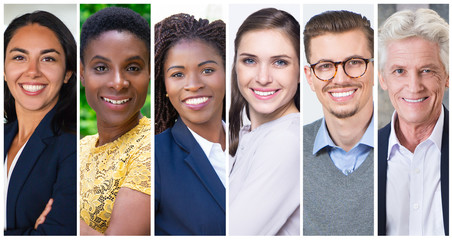 Happy confident diverse team members portrait set. Cheerful business men and women of different races and ages multiple shot collage. Human emotions concept