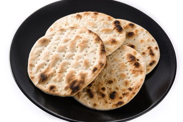 Handmade matzah for Jewish Passover isolated on white background	