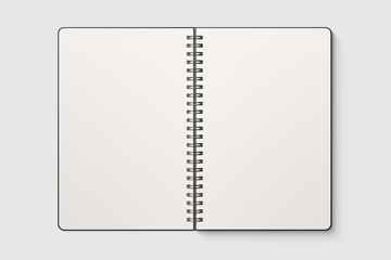 Real photo, spiral bound notepad mockup template with black paper cover, isolated on light grey...