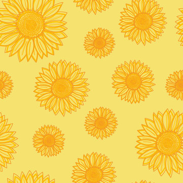 Seamless pattern with warm sunflowers in different dimensions 