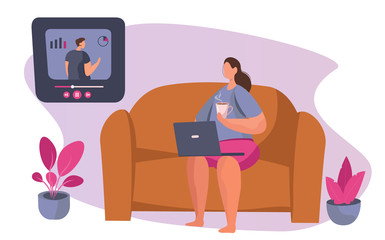 Online Courses At Home.Woman Freelancer Working on Laptop, Learning Languages and Watching  Webinar on the Couch with a Cup.Online Teacher on Computer Monitor.Flat Vector illustration.