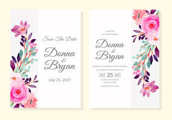 wedding invitation card with pink purple flower watercolor