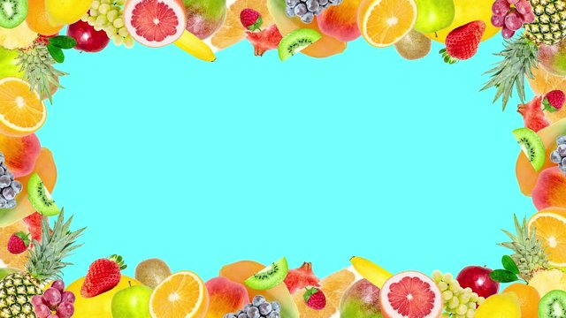 Creative 4k stop motion video animation of many different exotic tropical bright fruits frame quickly appearing and disappearing on a summer blue background. Seamless loop.