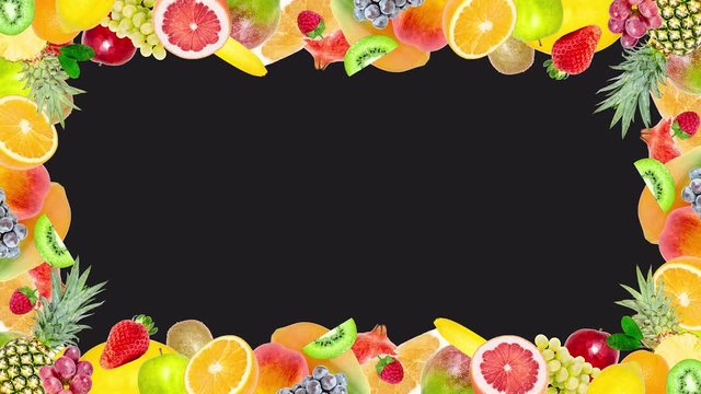 Creative 4k stop motion video animation of many different exotic tropical bright fruits frame quickly appearing and disappearing on a black background. Seamless loop.
