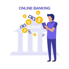 Money transfer operation and online banking concept. Character with cash flow ant tablet purple and yellow vector illustration Mobile wallet app or online payment.