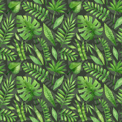 Naklejka na ściany i meble Watercolor seamless pattern with tropical plants. Jungle leaves, monstera, palm. Green nature background perfect for home design, wallpaper, wrapping, textile