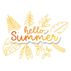 Hello summer greeting sticker with hand-drawn floral elements. isolated on white background