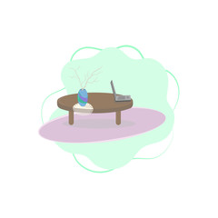 Naklejka premium Home office concept color vector illustration. Caffee table with a laptop, a napkin, a pot with tree branches desoration on a lilac carpet.