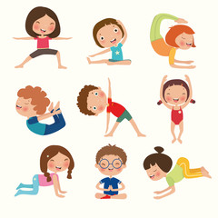 Variety of yoga kids, yoga poses for children in flat style, Gymnastics and healthy, vector, illustration