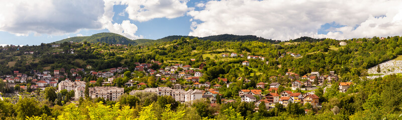 Panorama of the village on the background of mountains, Europe