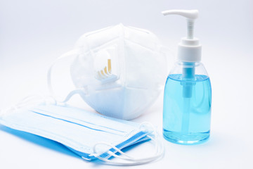 Hand sanitizer for protection Covid-19 virus And medical surgical masks for protection Covid-19 virus.Corona virus protection concept.