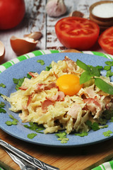 A plate with traditional pasta carbonara