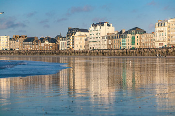 skyline of Saint Malo from sea at low tide, Brittany, France