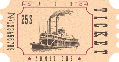 vector image of an old vintage misissippi steamboat ticket - obrazy, fototapety, plakaty