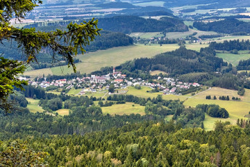 Machov village in Czech Republic seen from Errant Rocks (Błędne Skały) located in the Table Mountains National Park, Poland