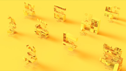 Yellow Working Remotely Lots of Home Office Isolation Setups 3d illustration 3d rendering