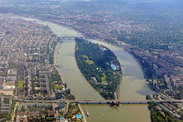 Aerial view of Budapest, Hungary with river Danube and the Margaret Island