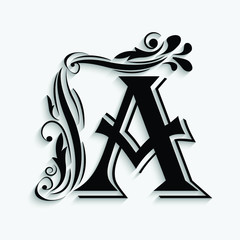 letter A. Black flower alphabet.  Beautiful capital letter with shadow