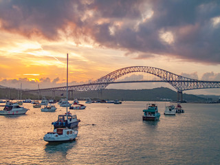 yachts anchoring under the Bridge of the Americas in Balboa at the exit of the Panama Canal Panama