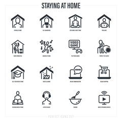 Stay at home. Self quarantine activities thin line icons set: don't panic, meditation, work at home, protect elderly, exercising, play video game, streaming, online shopping. Vector illustration.