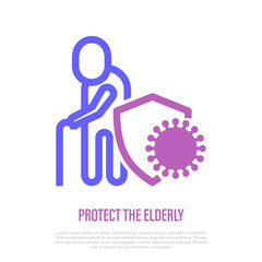 Protect the elderly from COVID-19. Senior with walking cane is protected by shield. Thin line icon. Vector illustration.