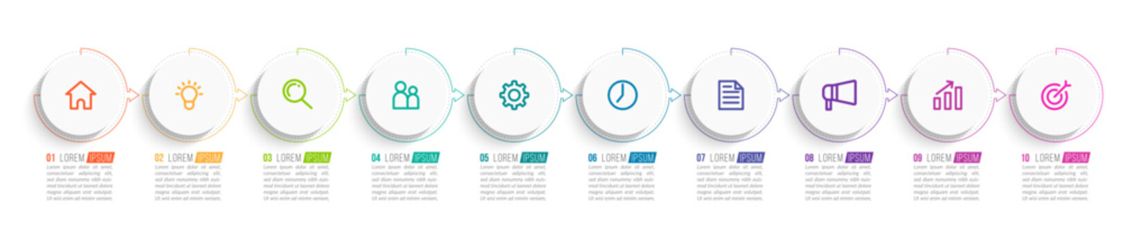Minimal Business Infographics template. Timeline with 10 steps, options and marketing icons .Vector linear infographic with ten conected elements. Can be use for presentation.
