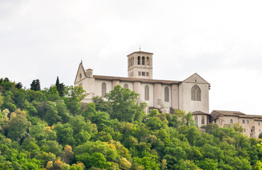 Fototapeta na wymiar The st. Francis church of Assisi seen from the walking path that lead to this little medieval town on the St. Francis way pilgrimage, a full immersion in nature, culture and history