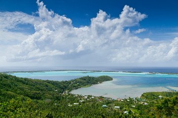 spectacular view fro, Mont Otemanu on Bora Bora Island over the lagoon and barrier reef, French Polynesia, Society Islands